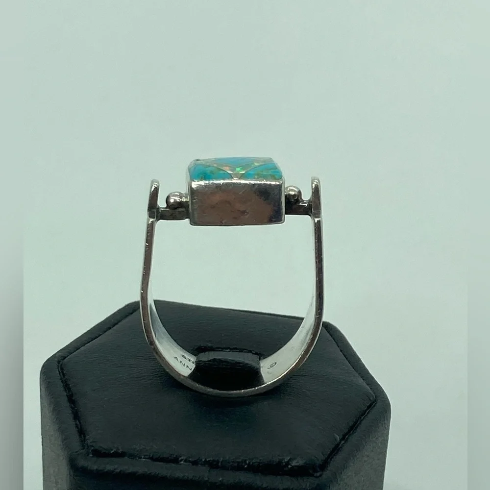 Vtg Navajo Sterling Turquoise & Opal Wide Modernist Style Ring Sz 7.5 Ann Curley - Picture 9 of 13
